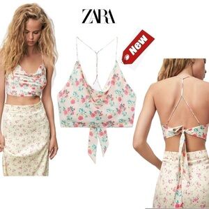 Zara cream floral flower crisscross strappy open back draped crop top Sz L NWT
